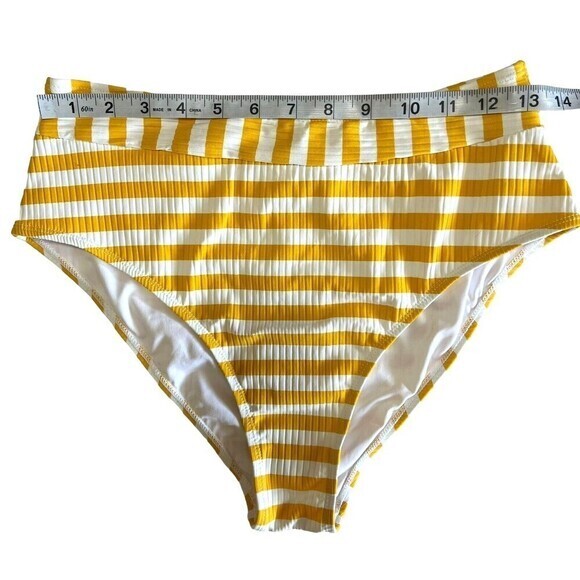 CUPSHE Swim Bottoms Size L Yellow and White Striped High Waisted Textured - Picture 3 of 14